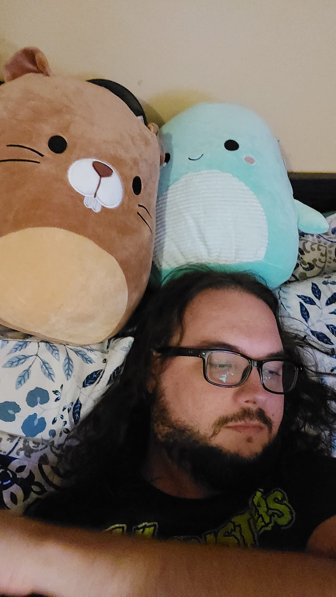 A man with long dark hair and a beard lies in bed with two Squishmallows, a beaver and a Nessie, photo 1